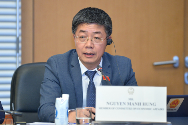 Ủy viên Thường trực Ủy ban Kinh tế Nguyễn Mạnh Hùng phát biểu tại cuộc họp trực tuyến - ảnh: T.Chi 